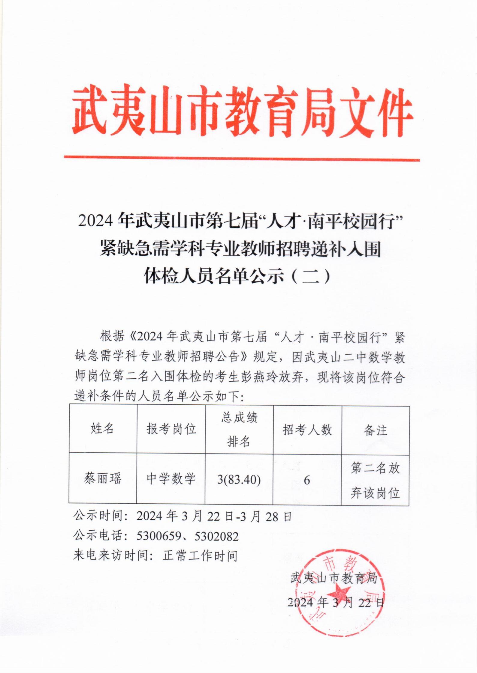 2024年武夷山市第七届“人才•南平校园行”紧缺急需学科专业教师招聘递补人员名单公示（二））